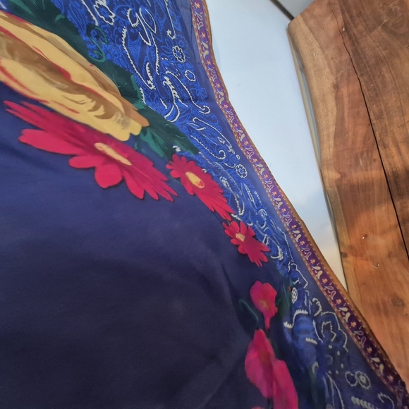 Silk Scarf Colorful Floral In Blues And Hot Pink - Picture 7 of 7